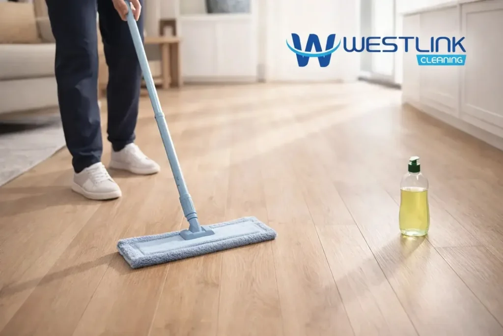 Person cleaning laminate floor with a barely damp microfiber mop and a small bottle of dish soap in a modern home