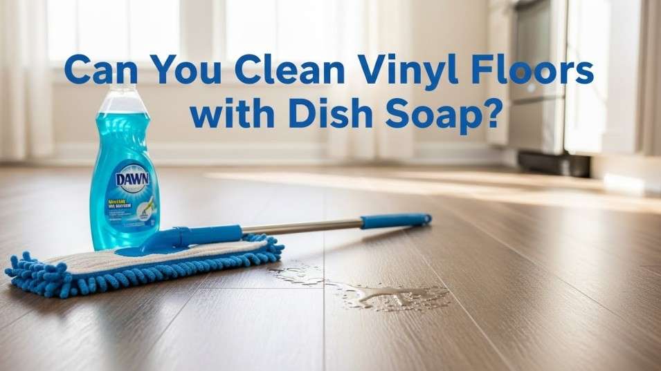 Can You Clean Vinyl Floors with Dish Soap? Bright kitchen with sparkling vinyl floors, Dawn dish soap, and microfiber mop