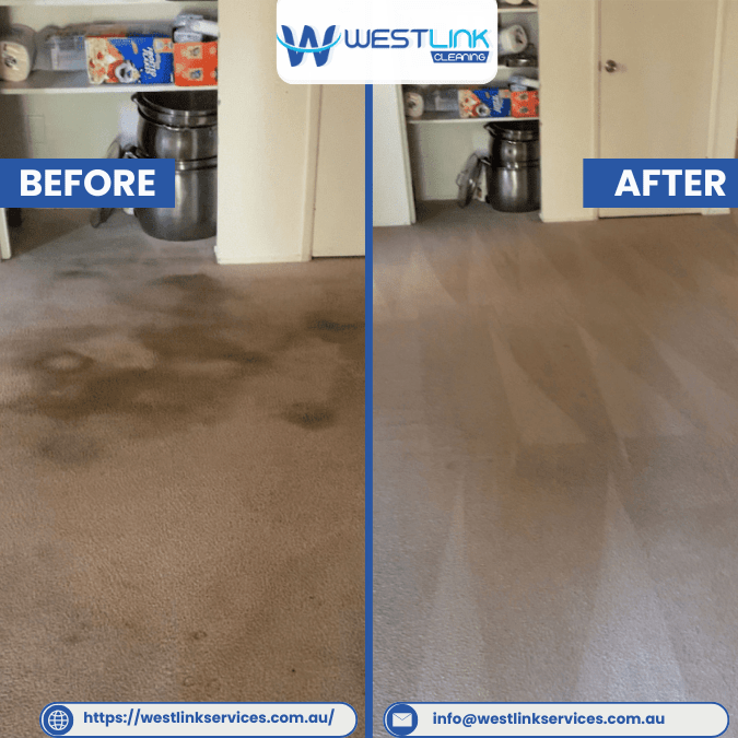Before and after carpet cleaning in front of a pantry, showing heavy dark patches removed and a more even carpet finish.