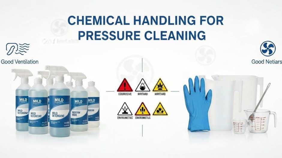 Chemical safety setup with gloves and labeled detergent bottles.