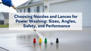 Professional blog thumbnail illustrating power washing nozzles and lances selection with colorful nozzles on concrete.