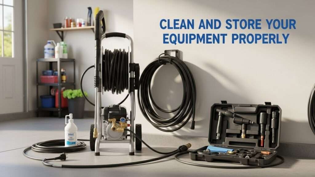Properly cleaned and stored pressure washer with drained pump, coiled hoses, and organized nozzles in a garage.