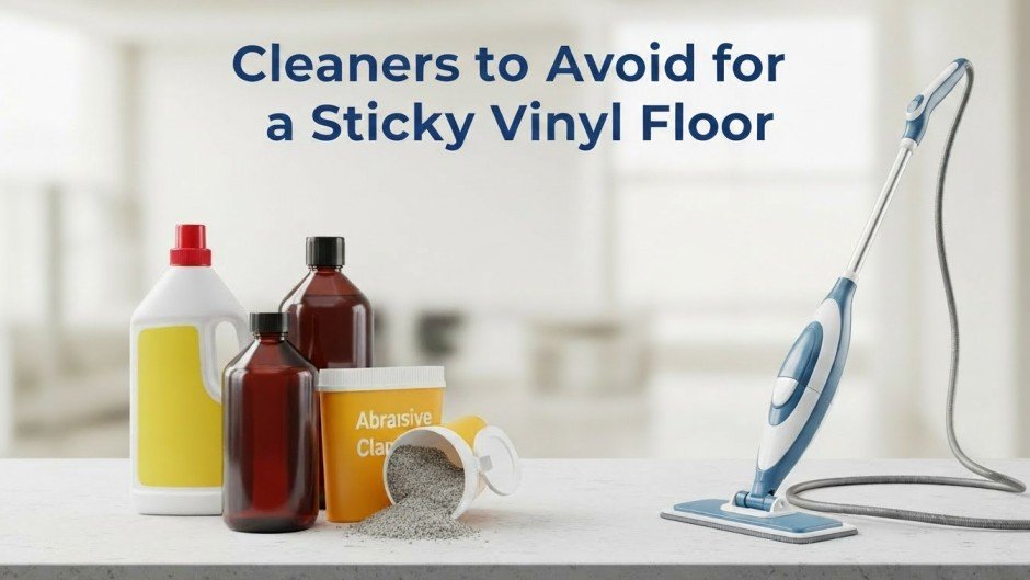 Unsafe cleaning products like bleach and ammonia to avoid on vinyl floors.