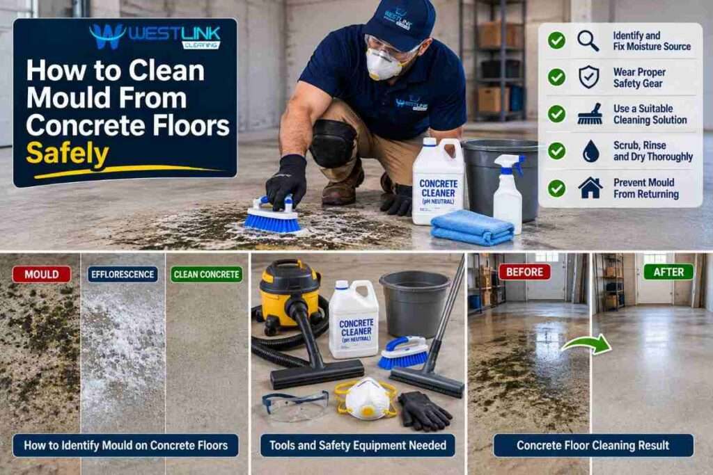 Male cleaning professional removing surface mould from a concrete floor using protective equipment, a soft brush and a compatible floor cleaner.