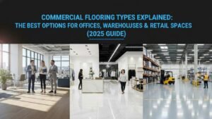 Professional blog thumbnail for commercial flooring FAQs with question icons and elements.