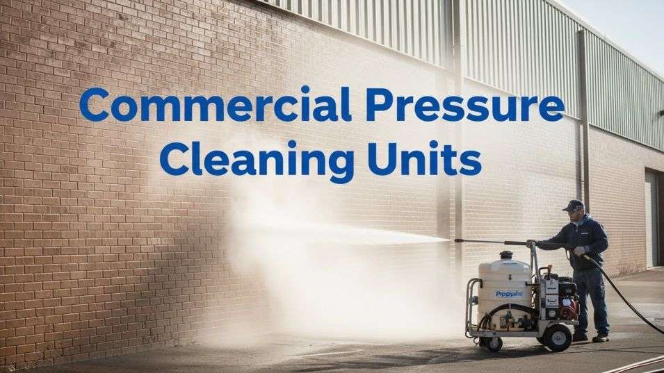 Industrial hot water pressure cleaning unit used on commercial building exterior