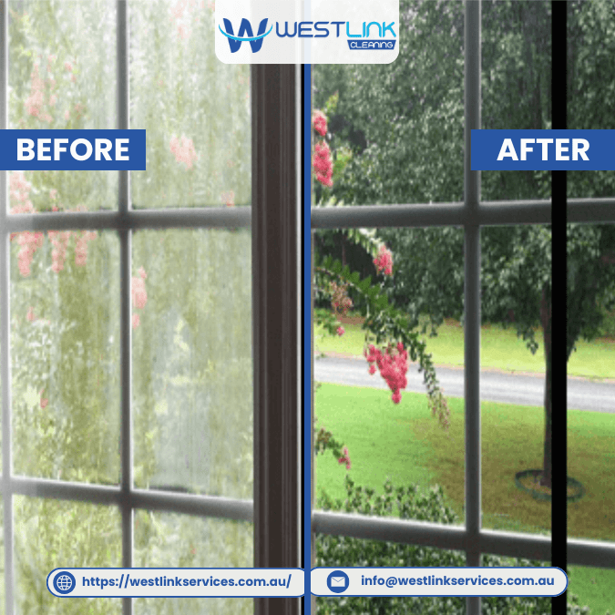 Commercial window cleaning before and after streaks and dust film removed