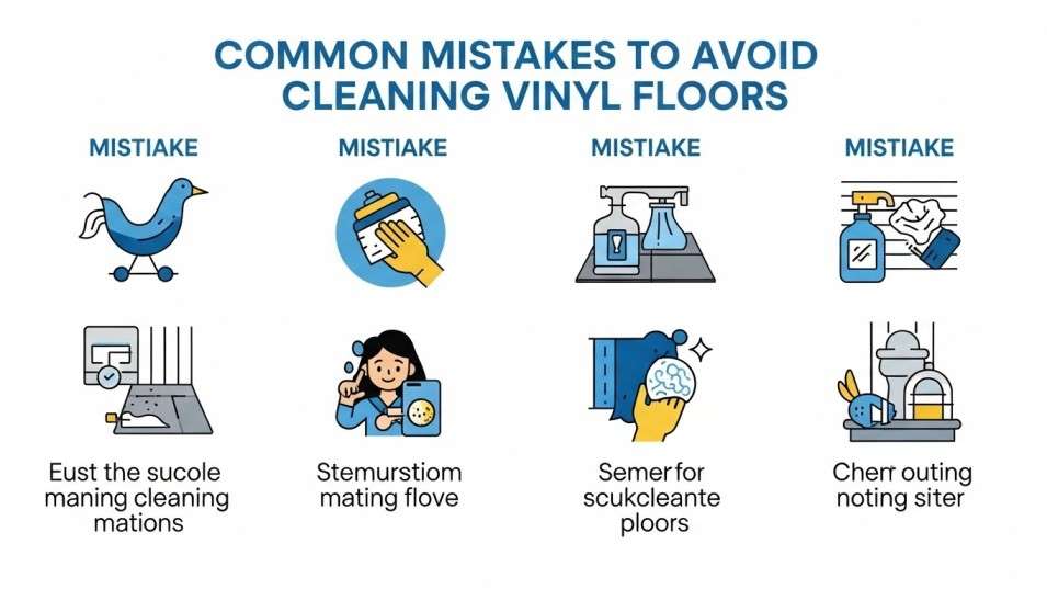 Infographic showing common vinyl floor cleaning mistakes.