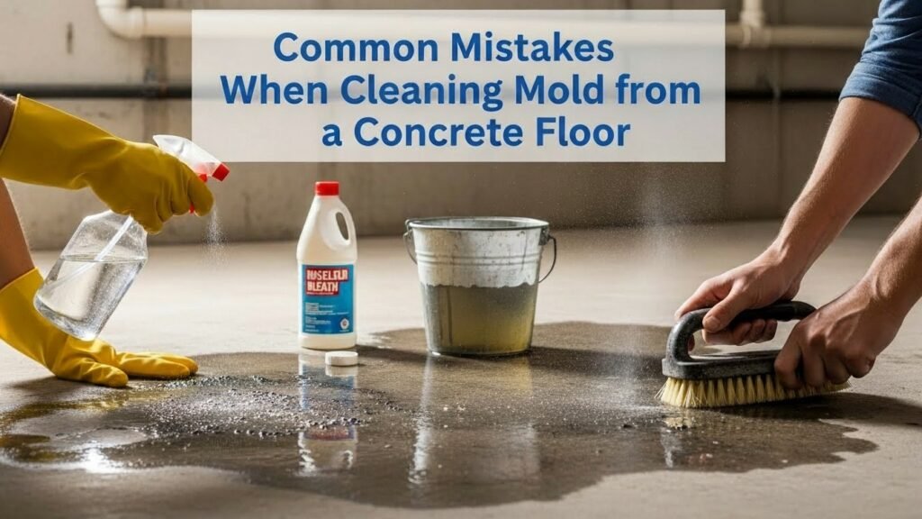 Split-screen showing common mistakes during mold cleaning on concrete floor with safety warnings and title overlay.