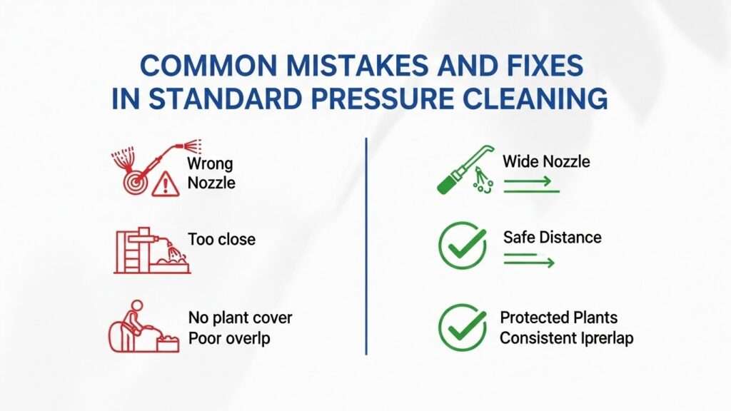 Split visual showing pressure cleaning mistakes versus correct fixes using simple warning and check icons.