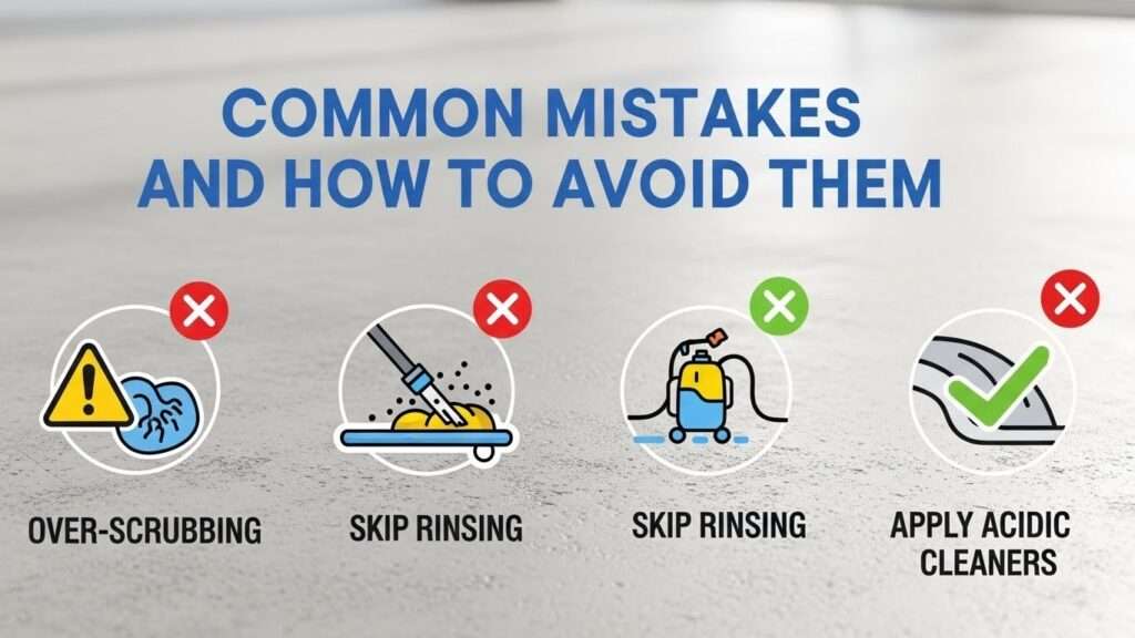 Visual representation of common cleaning mistakes on textured concrete floors and proper practices.