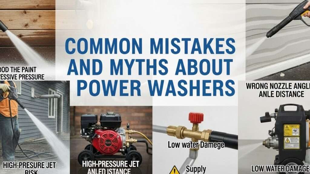 Common mistakes and myths in pressure washing: surface damage from excessive pressure, wrong techniques, safety hazards, and pump issues