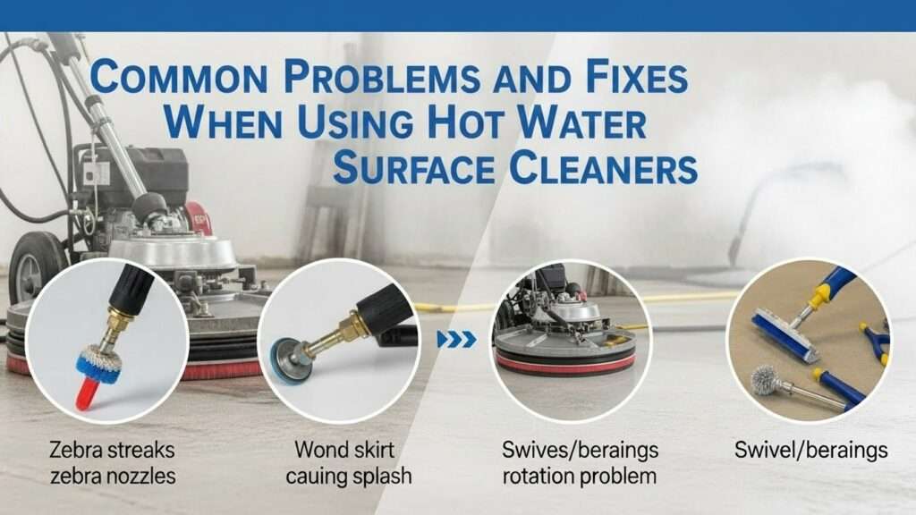 Professional troubleshooting of hot water surface cleaner issues on concrete, showing examples of zebra streaks, slow rotation, clogged nozzles, worn skirt splash,