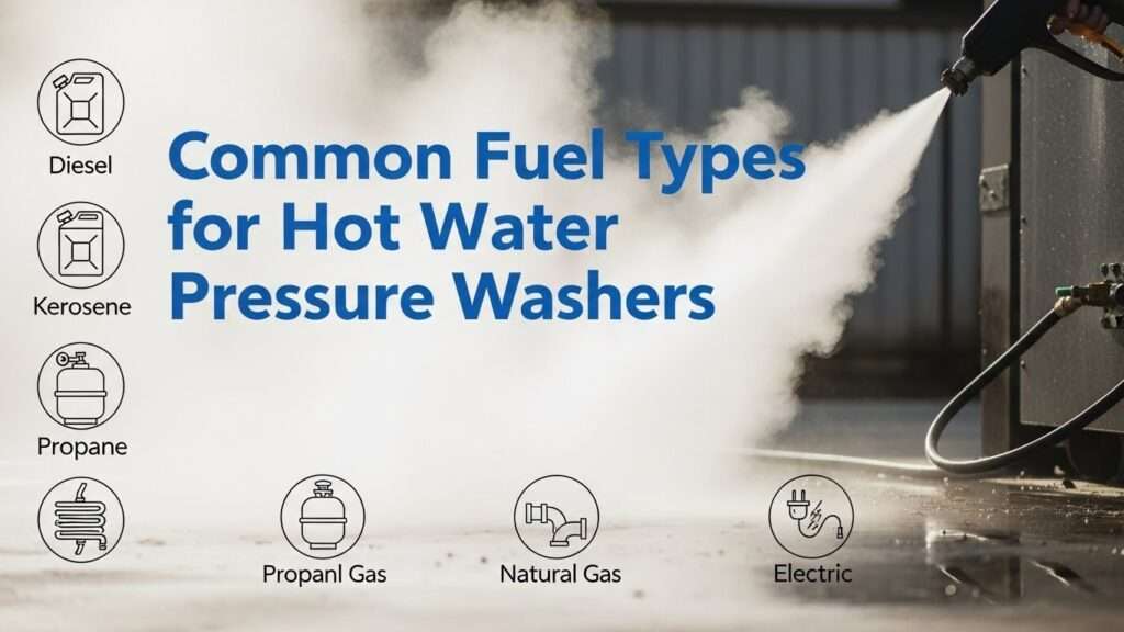 Common fuel types for hot water pressure washers: diesel, kerosene, propane, natural gas, and electric