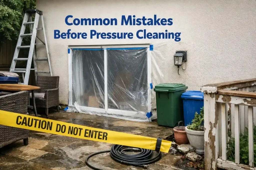 Outdoor area showing blocked access, loose items left in the work zone, and fragile surfaces or fixtures left unprotected before pressure cleaning