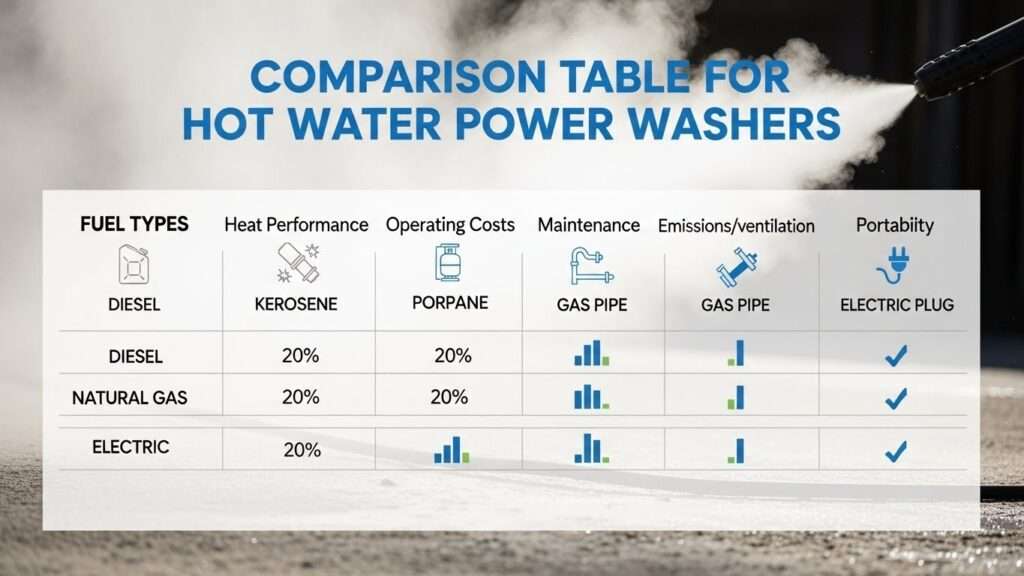 Comparison table of fuel types for hot water pressure washers including diesel, kerosene, propane, natural gas, and electric