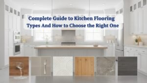Bright modern kitchen interior displaying various flooring samples (vinyl, tile, engineered wood, hybrid) on the floor with a water spill and a dropped utensil demonstrating durability, overlaid with a full guide title in bold blue text.