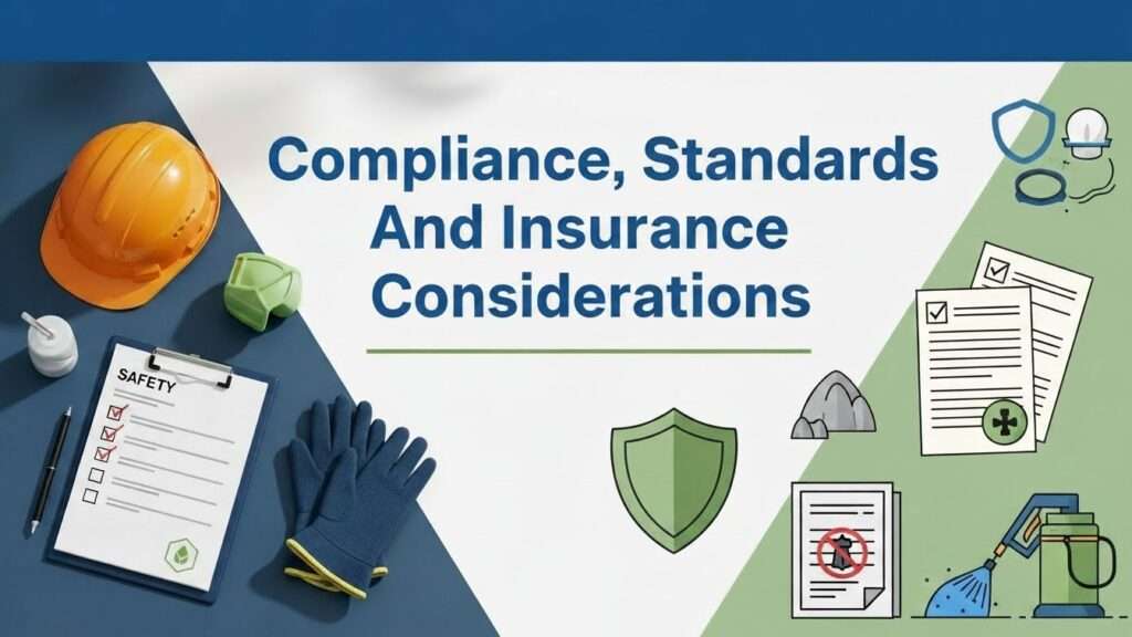 Visual representing compliance, safety standards, and insurance requirements for professional pressure cleaning services.