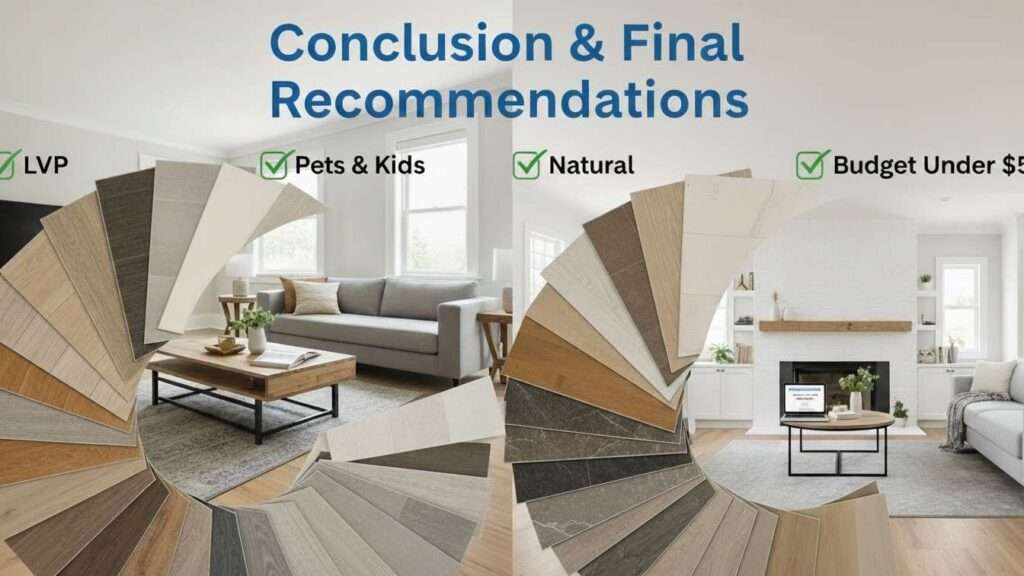 Concluding thumbnail with flooring recommendations in a living room collage, including title overlay.