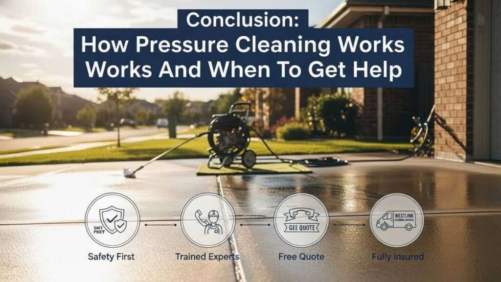 Serene conclusion thumbnail showing a sparkling clean driveway and house after professional pressure cleaning, with subtle icons for safety, expertise, and easy contact options.
