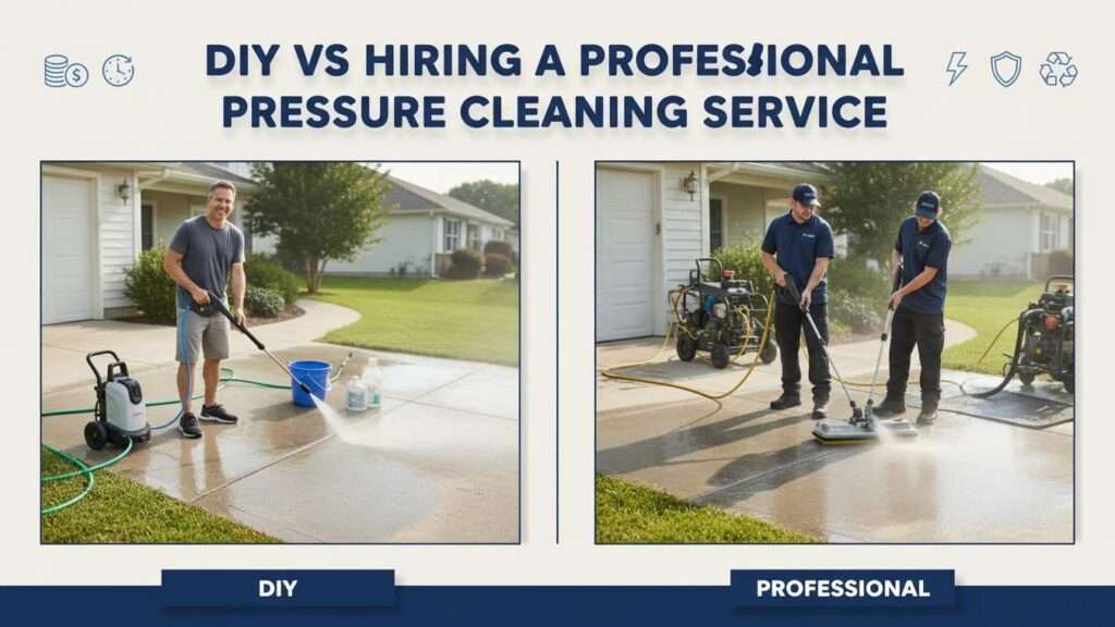 Professional split-view thumbnail comparing DIY pressure cleaning (homeowner with small electric washer) versus hiring a professional team with commercial gear and wastewater management.
