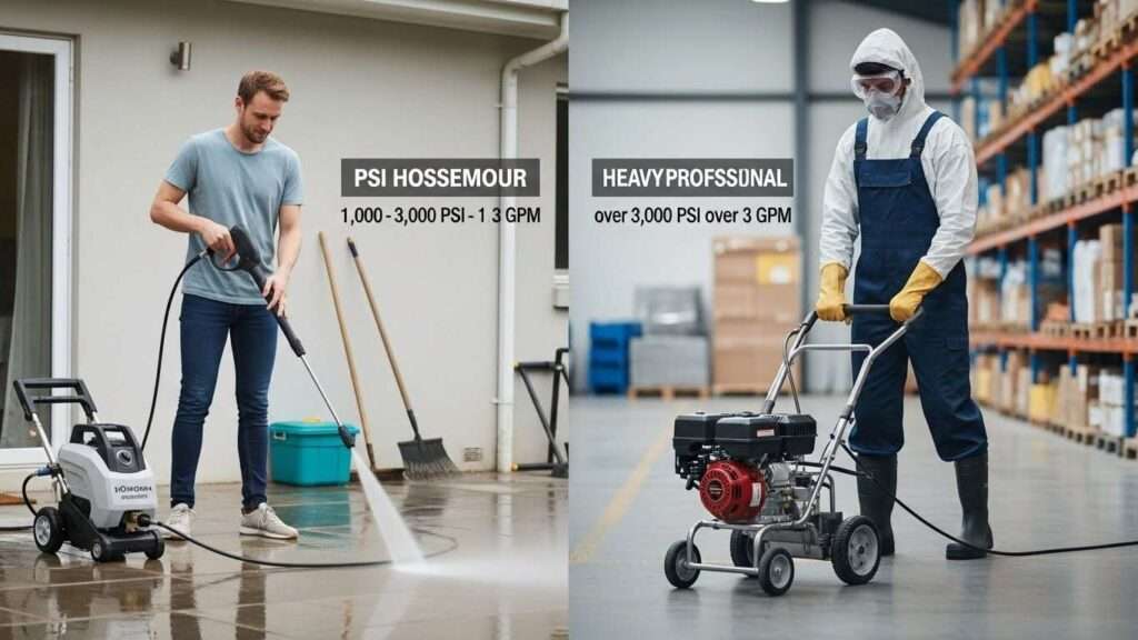 Side-by-side view of DIY versus professional power washing setups and tasks.