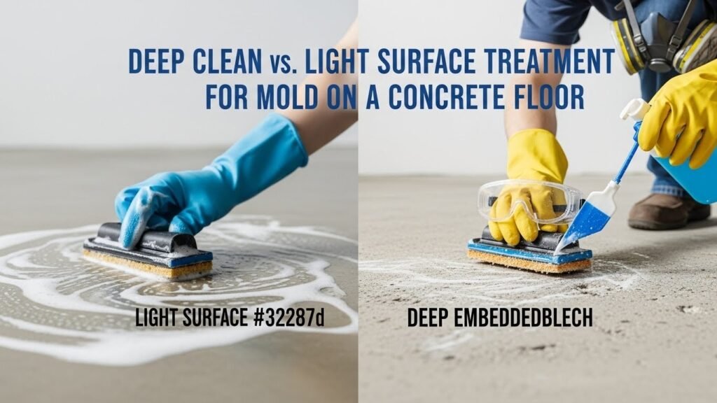 Split-screen showing light surface mold cleaning versus deep mold cleaning on a concrete floor with title overlay.