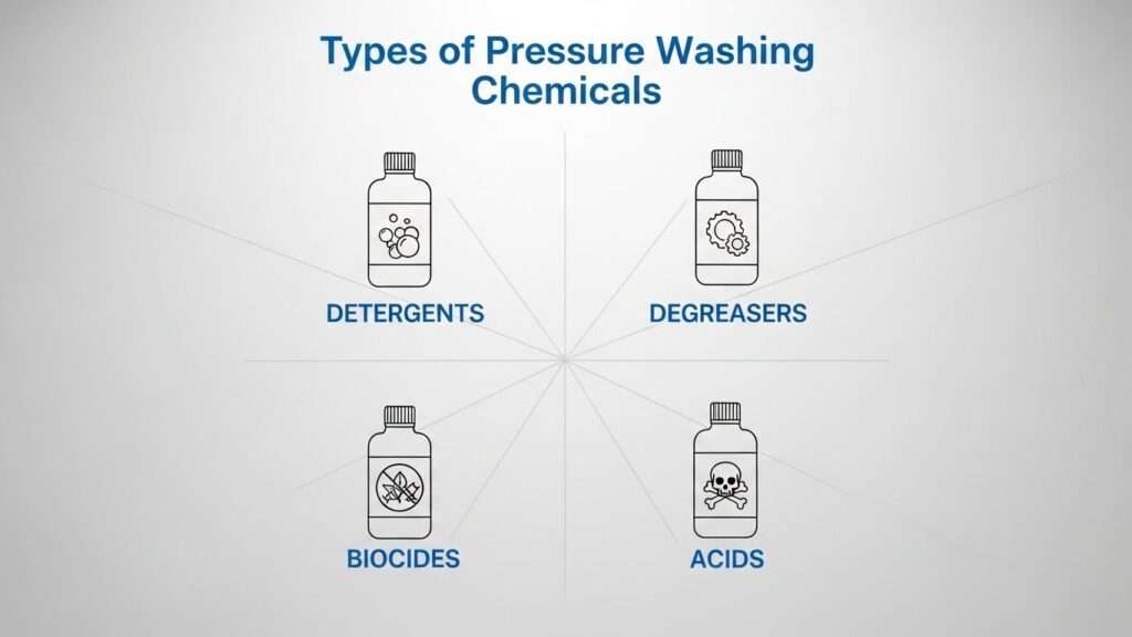 Four categories of pressure washing chemicals shown in a clean graphic layout.