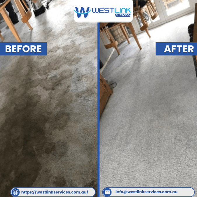 Before and after dining room carpet cleaning showing heavy traffic lane soil removed and color restored.