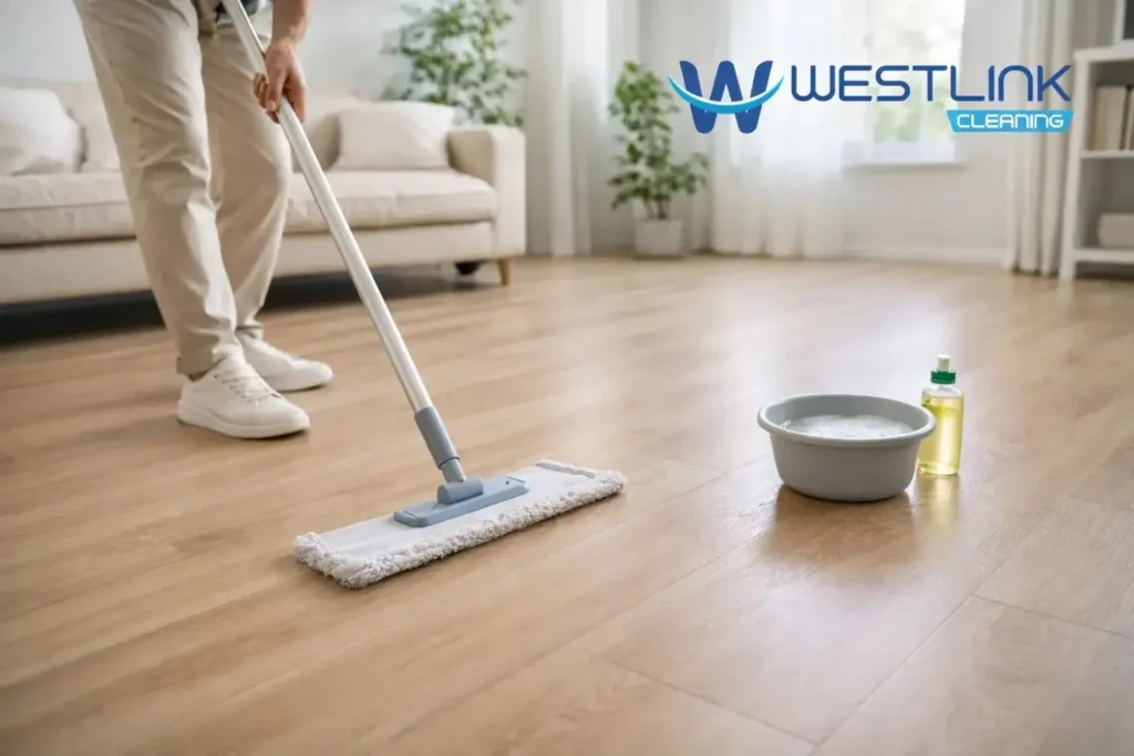 Dish soap and laminate floor cleaner placed side by side on laminate flooring with a microfiber mop nearby