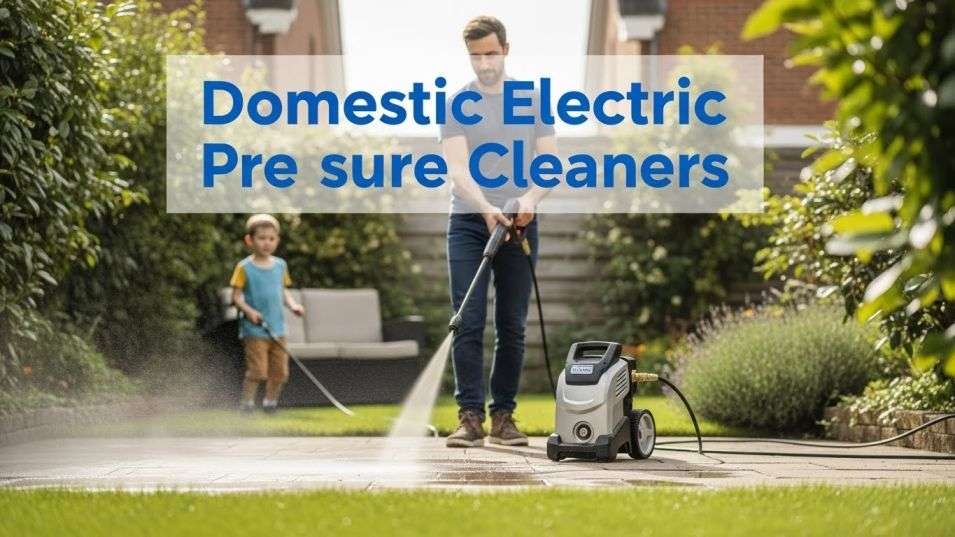 Homeowner using a compact electric pressure washer on backyard patio