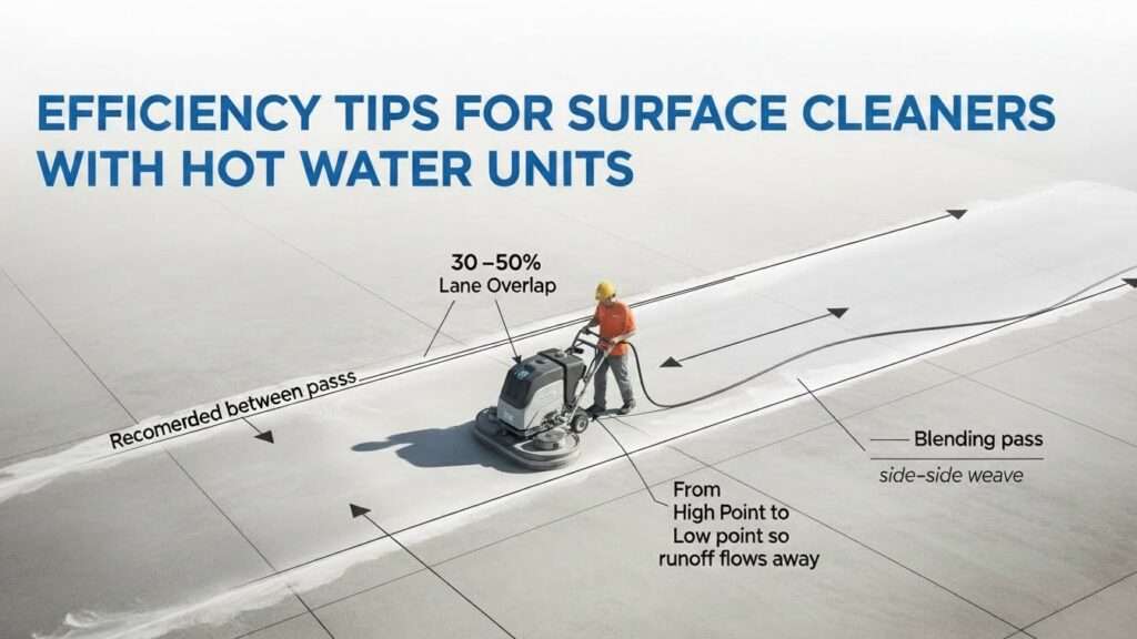 Professional operator maintaining steady pace and 30-50% overlap passes with a hot water surface cleaner on a large concrete area,