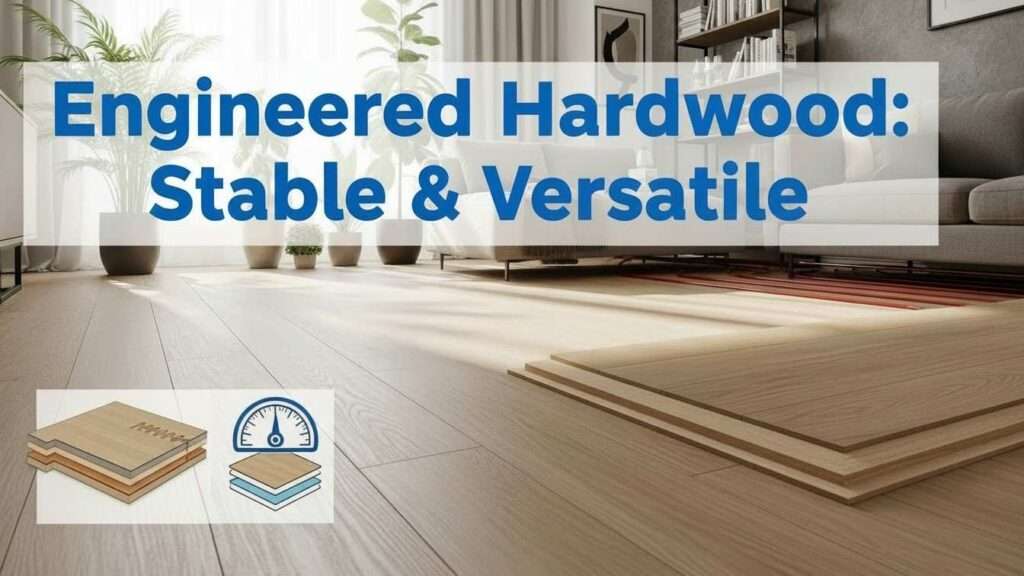 Thumbnail of engineered hardwood in a living space, highlighting stability and versatility with title overlay.