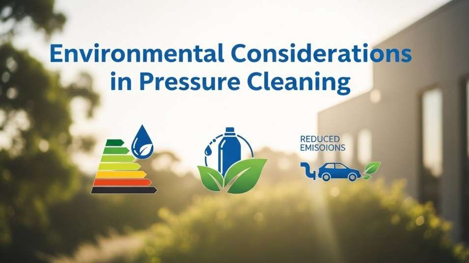 Eco-friendly pressure cleaning icons showing water and chemical considerations.