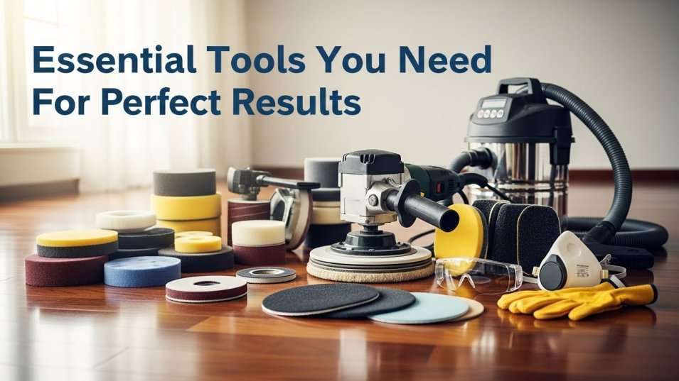 Essential tools and equipment for buffing hardwood floors.