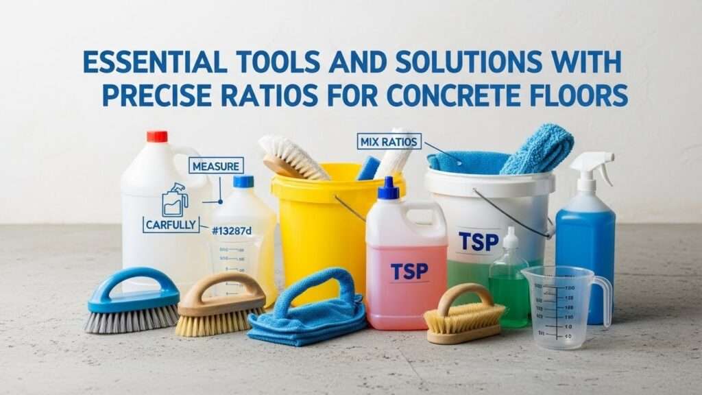 Professional cleaning tools and solution containers with precise measurements for textured concrete floors.