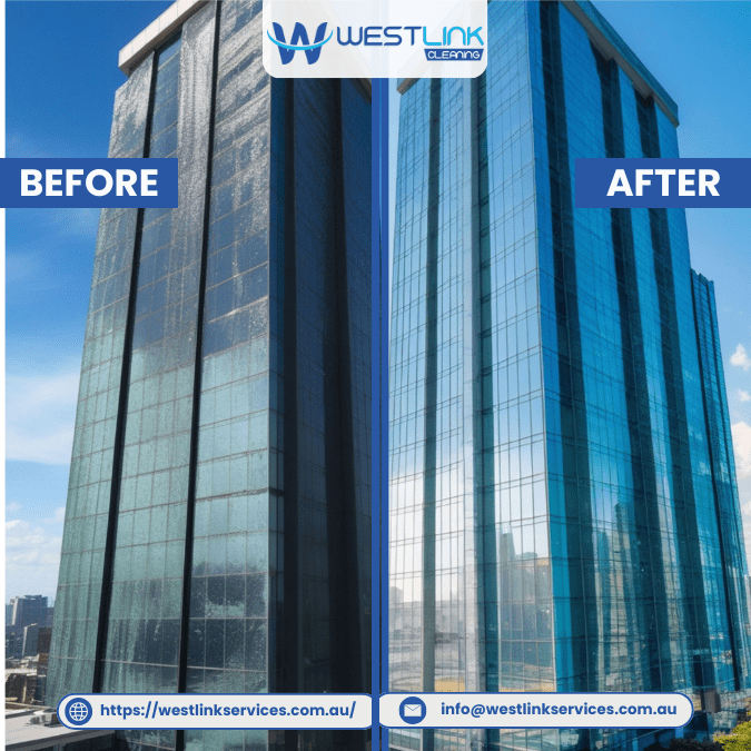 Glass facade window cleaning before and after grime lifted from exterior panels