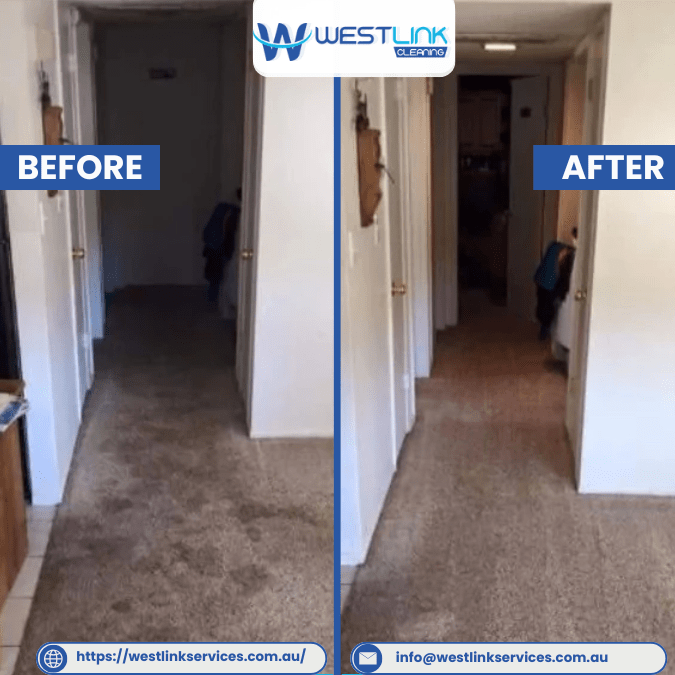 Before and after hallway carpet cleaning, showing heavy traffic lane tracking reduced and walkway looking lighter.