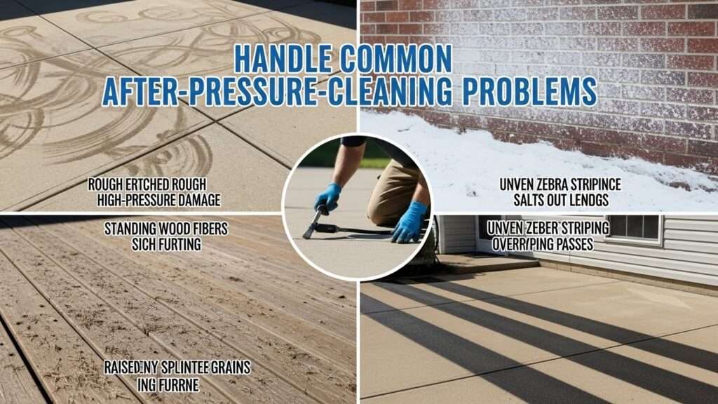 Common post-pressure washing problems including concrete etching, efflorescence on brick, fuzzy wood deck, and streaking stripes.