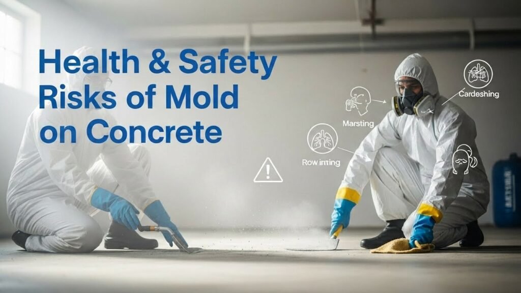 Person wearing PPE in a basement with airborne mold spores, highlighting health risks, with title overlay.