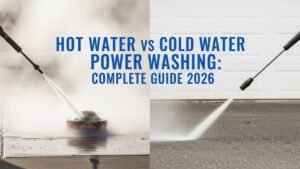 Hot water vs cold water power washing comparison showing grease and dirt removal