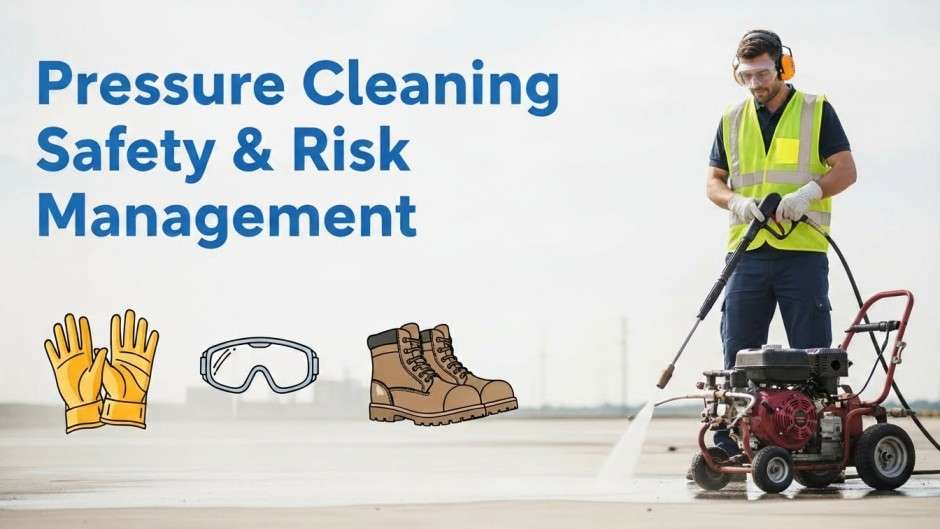 Pressure cleaning safety icons and worker using a washer safely.