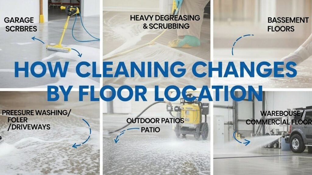 Concrete floor cleaning techniques for different locations