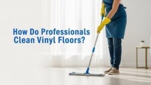 Professional cleaner using a microfiber mop on vinyl flooring in a bright modern home.