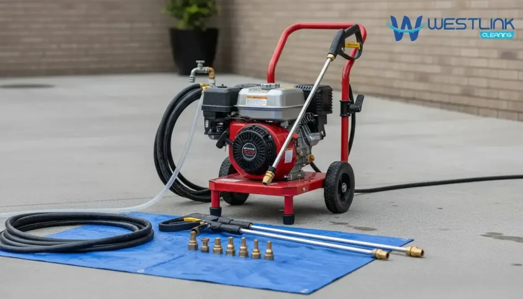 Pressure washer nozzles and lances arranged beside a machine in a realistic outdoor cleaning setup