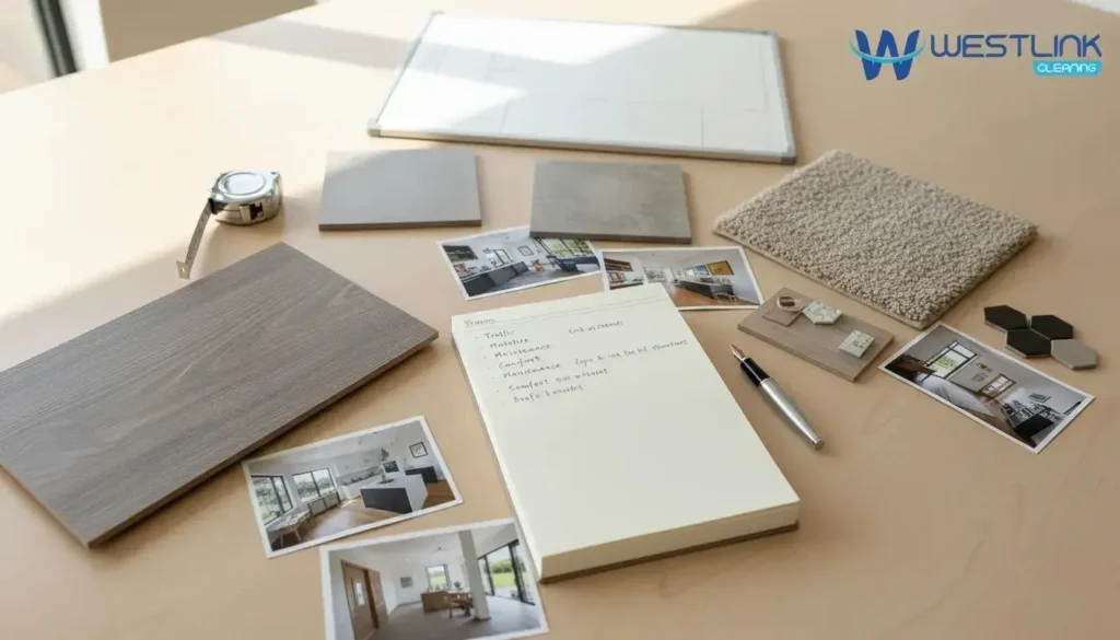 Professional flooring planning scene with room references, samples, and practical selection tools.