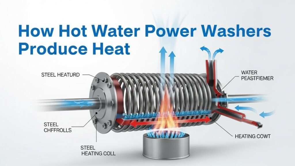 Diagram of hot water pressure washer heating coil and burner showing how water is heated
