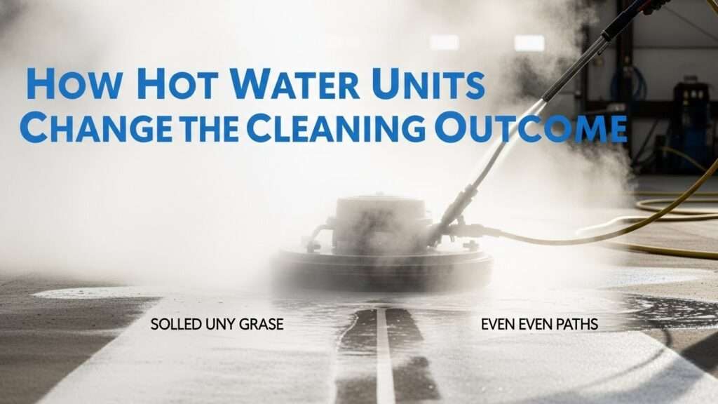 Hot water surface cleaner in action emulsifying thick grease on concrete floor with rising steam, milky runoff,