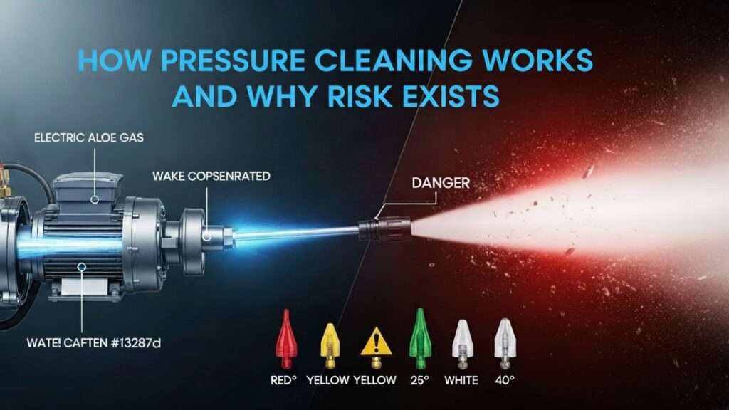Professional blog thumbnail illustrating how pressure cleaning works and its inherent risks, featuring a split view of a pressure washer internal diagram on the left and a powerful high-pressure