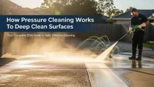 Epic hero banner illustrating pressure cleaning in action: a pro transforming a dirty driveway to spotless shine with high-pressure spray, golden sunlight, and subtle guide icons for PSI, nozzles, safety, and pro help.